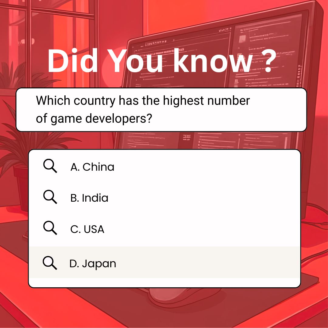 Did You Know?

The USA 🇺🇸 has the highest number of game developers in the world!

But the real game-changer?
India 🇮🇳 is now the 3rd-largest and the fastest-growing dev community globally. From mobile-first studios to indie innovators, we're building the future of gaming.

🌍