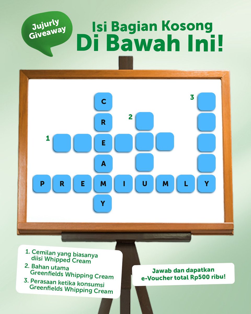 Let’s go, GF Friends! Siapa nih yang paling jago main TTS? 🤭

Cara ikutannya:
1. Follow <a href="/greenfields/">ぐりーんふぃーるず</a>.id dan pastikan tidak diprivate.
2. Jawab di kolom komen dan sertakan hashtag #JujurlyPurePremiumlyCreamy.
3. Like, comment, dan share postingan ini dan 5 postingan sebelumnya.