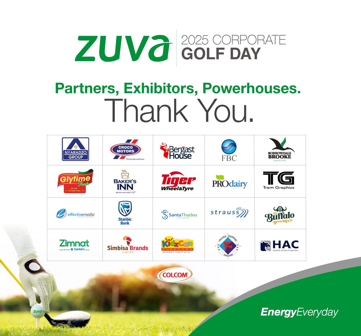 zuva_petroleum's tweet photo. A huge thank you to all our partners, exhibitors and players who made the Zuva 2025 Corporate Golf Day a success. Your presence, support, and energy made it more than just a game; it was a celebration of collaboration, excellence, and impact.
@Nyaradzo_Group  @crocomotorszw @bergasthouse   @FBCHoldings   @borrowdalebrookegolf @glytime_foods @BakersInnZW  @TigerWheelnTyre  @StanbicBankZW  @SantaThadeu  @thebuffalobrewingcom @zimnatofficial @SimbisaBrands  @kidzcan @fraziershipping @halsteds_aviation_co @tramgraphics @colcom 
#ZuvaGolfDay2025 #Zuva #EnergyEveryday #ZuvaCorporateGolf