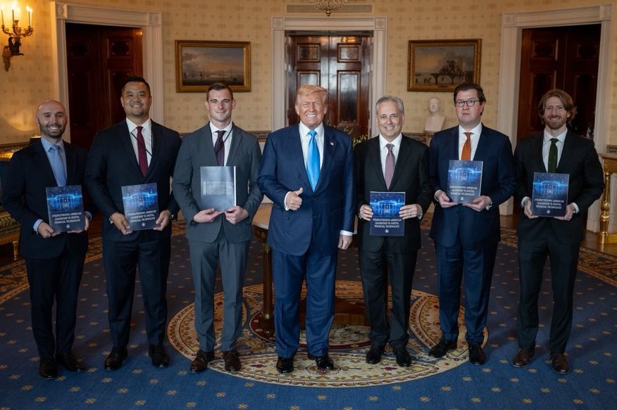 🔥PROUD CRYPTO BROS!

🇺🇸President Donald Trump pictured endorsing the White House’s Digital Asset Report — calling it a blueprint “to usher in the golden age of crypto”. 

Bullish or political theater? 🖼️