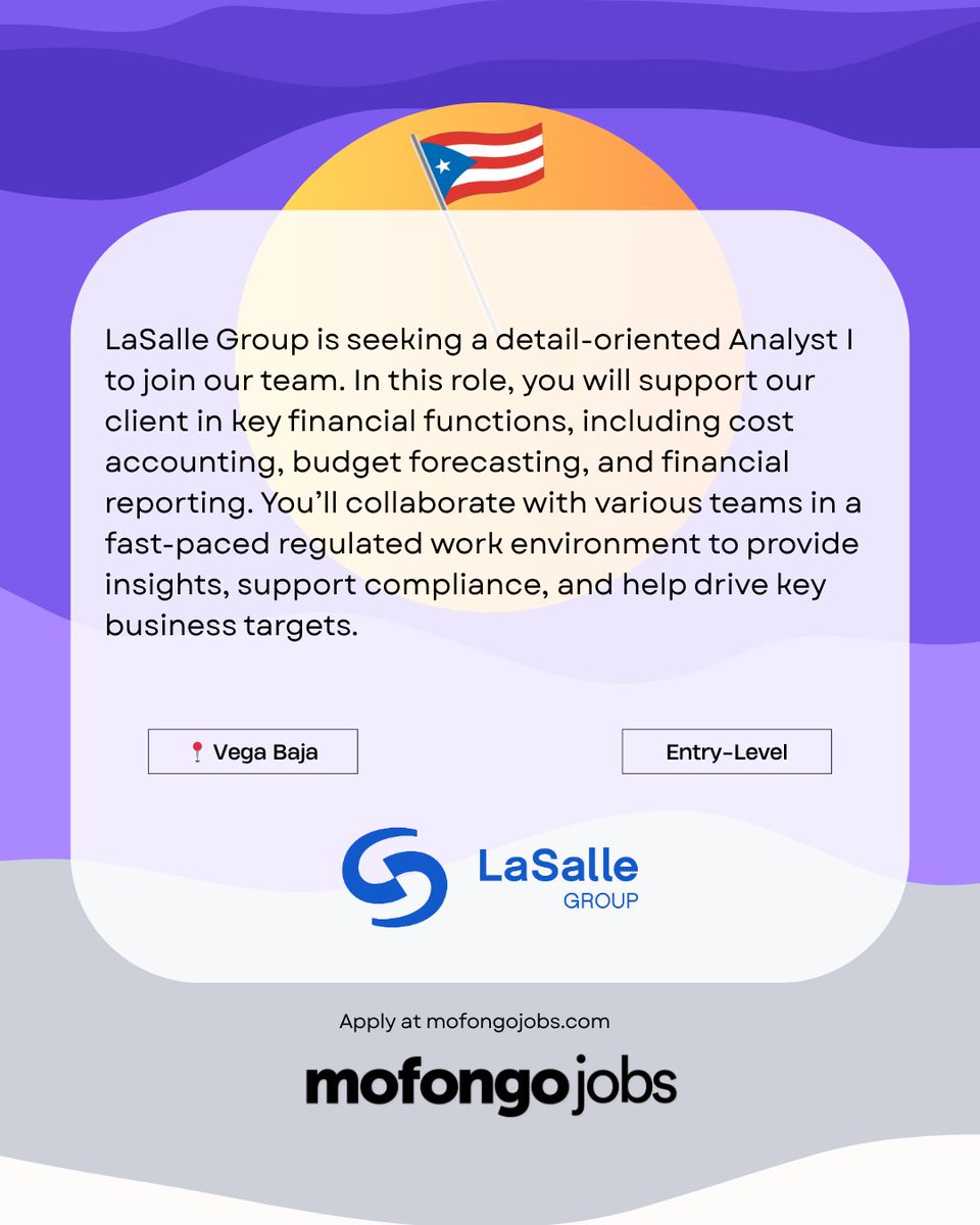 📝 LaSalle Group está buscando un Analista Financiero 📊

📍Vega Baja, PR
🎓 Bachillerato en Administración de Empresas (con cursos en contabilidad o finanzas)
⌛️ 2 años de experiencia⁣ en finanzas o contabilidad

📩 Solicita aquí → mofongojobs.com/companies/lasa…

#PuertoRico #PR