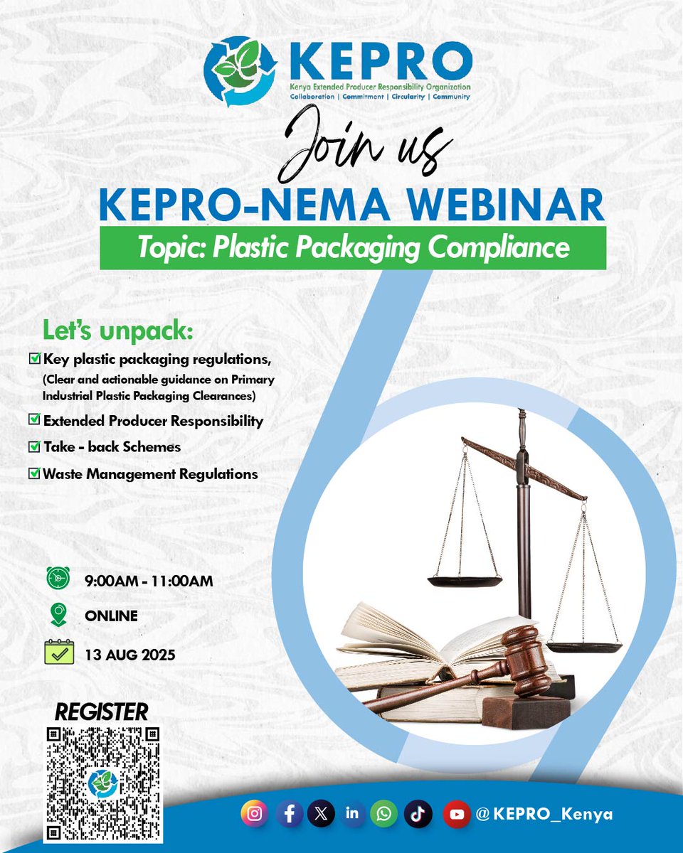 KEPRO Kenya (@kepro_ke) on Twitter photo ๐ต๐๐๐๐๐๐๐๐๐ ๐ท๐๐๐๐๐๐ ๐ท๐๐๐๐๐๐๐๐ ๐น๐๐๐๐๐๐๐๐๐๐ ๐ฑ๐๐๐ ๐ฎ๐๐ ๐ฌ๐๐๐๐๐!
Join us as we partner with National Environment Management Authority - KE (NEMA) for a high-impact Plastic Packaging Compliance Webinar as we unpack key regulatory ๐ต๐๐๐๐๐๐๐๐๐ ๐ท๐๐๐๐๐๐ ๐ท๐๐๐๐๐๐๐๐ ๐น๐๐๐๐๐๐๐๐๐๐ ๐ฑ๐๐๐ ๐ฎ๐๐ ๐ฌ๐๐๐๐๐!
Join us as we partner with National Environment Management Authority - KE (NEMA) for a high-impact Plastic Packaging Compliance Webinar as we unpack key regulatory