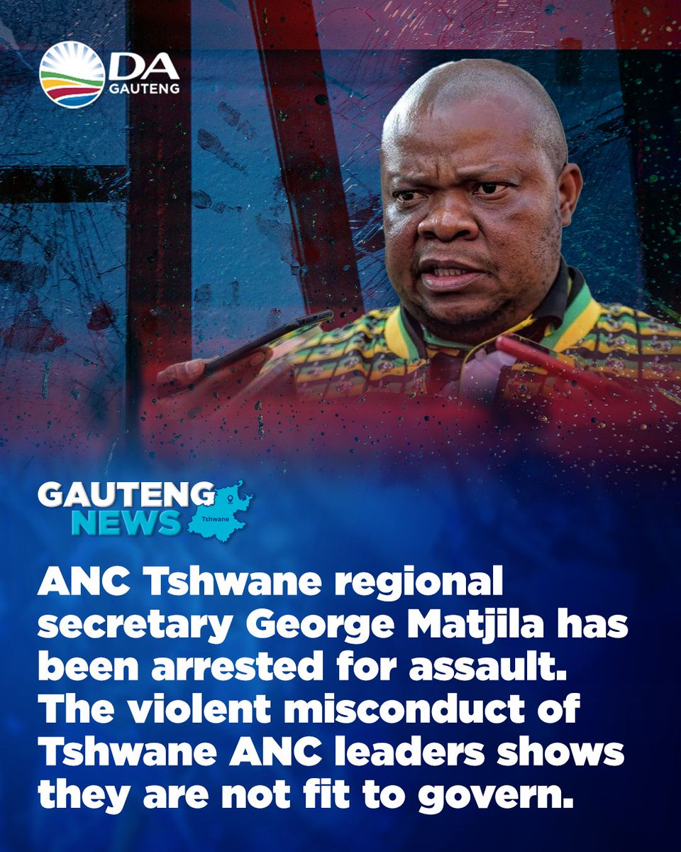 🚩 Violent officials cannot be trusted to govern. The recent arrest of the ANC Tshwane Regional Secretary, George Matjila, on charges of assault proves this.

Read more here: dagauteng.org.za/2025/07/violen…