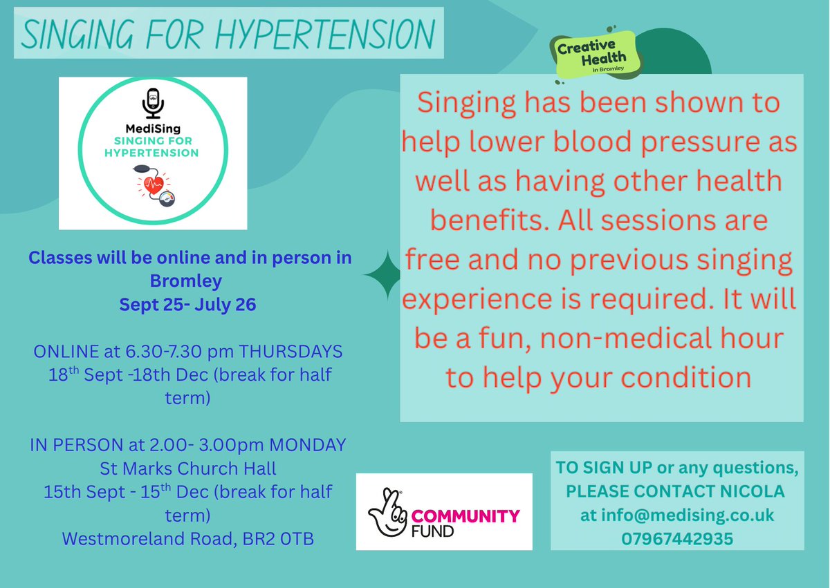 Singing for Hypertension: Singing has been shown to help lower blood pressure as well as having other other benefits. 
Classes will be online and in-person in Bromley September 2025 - July 2026. 
TO SIGN UP, please contact Nicola  - info@medising.co.uk or 07967 442 935