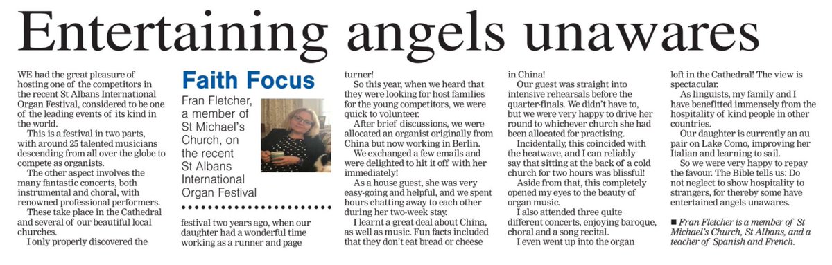 PeterCrumpler's tweet image. Fran Fletcher of St Michael’s Church, #StAlbans writes about the International Organ Festival and entertaining angels unawares, in today’s @hertsad #FaithFocus. @diostalbans