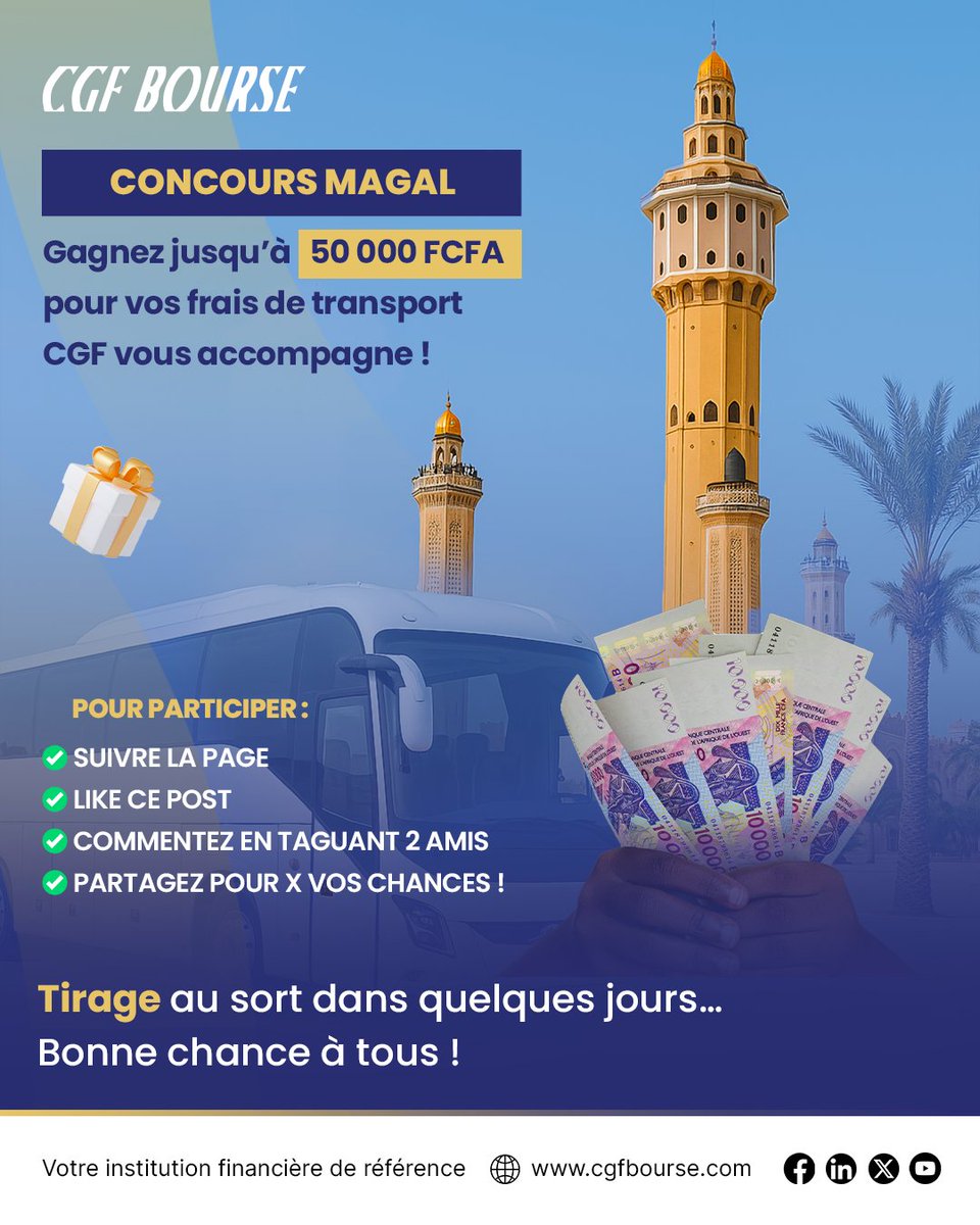 Participez à notre jeu-concours et tentez de remporter l'une des enveloppes mises en jeu :

🎁 2 enveloppes de 25 000 FCFA
🎁 2 enveloppes de 50 000 FCFA

Pour participer :
✔️ Aime ce post
✔️ Suis notre compte
✔️ Retweete ce tweet

Les gagnants seront annoncés avant le Magal !