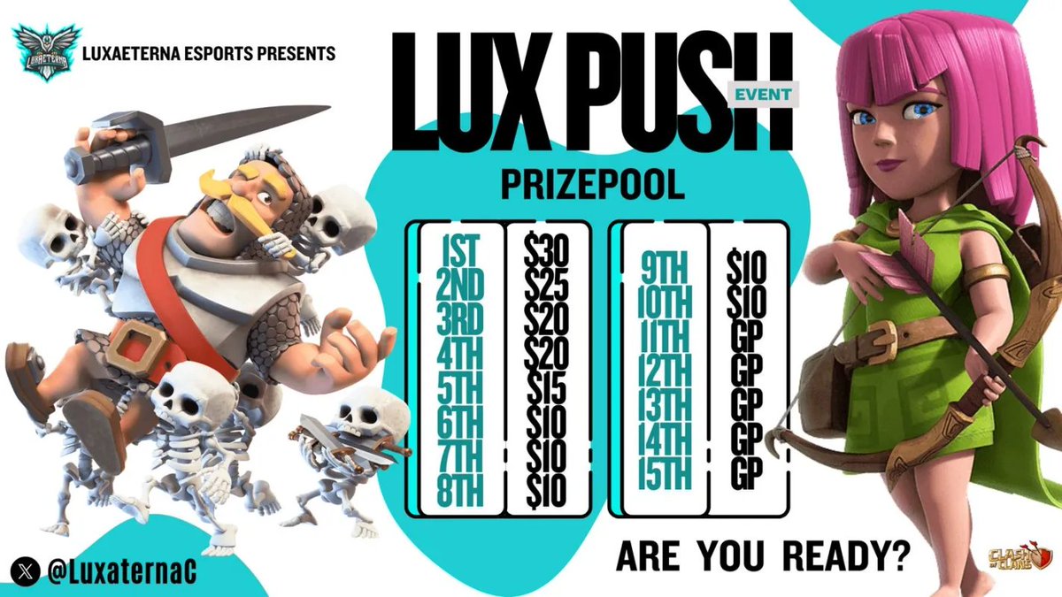 📢 Calling all Clashers! 📢

August's Clash of Clans season is HERE, and we are celebrating our expansion by rewarding our top 15 pushers! 🏆 

Clan Tag: #2Q0YU9V0 🏰

Queries? DM X or Discord: discord.gg/luxaeterna

#ClashOfClans #Supercell #GOLUX