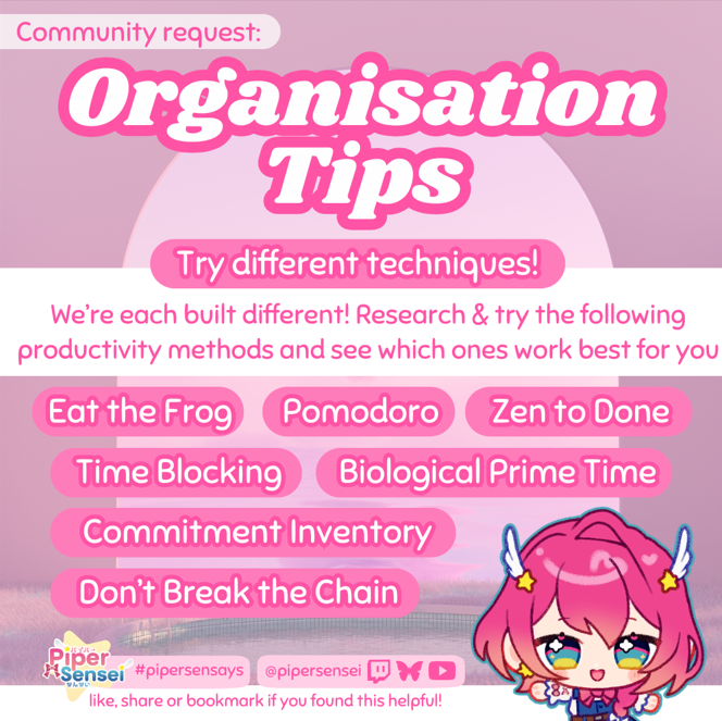 Piper 🎀📚 (@pipersensei) on Twitter photo ⭐️ Staying on top of VTuber tasks⭐️
It may seem like a waste of time but investing in testing productivity methods will save you more time in the long run! I personally work best with time blocking and pomodoro 💗
Requested by <a href="/astra_maeve/">𝐀𝐬𝐭𝐫𝐚 𝐌𝐚𝐞𝐯𝐞✨🌌</a> and <a href="/FOREVER_Ayano/">🐢 AyanoFOREVER 💜 (y Katsuro)</a> !
#pipersensays ⭐️ Staying on top of VTuber tasks⭐️
It may seem like a waste of time but investing in testing productivity methods will save you more time in the long run! I personally work best with time blocking and pomodoro 💗
Requested by <a href="/astra_maeve/">𝐀𝐬𝐭𝐫𝐚 𝐌𝐚𝐞𝐯𝐞✨🌌</a> and <a href="/FOREVER_Ayano/">🐢 AyanoFOREVER 💜 (y Katsuro)</a> !
#pipersensays