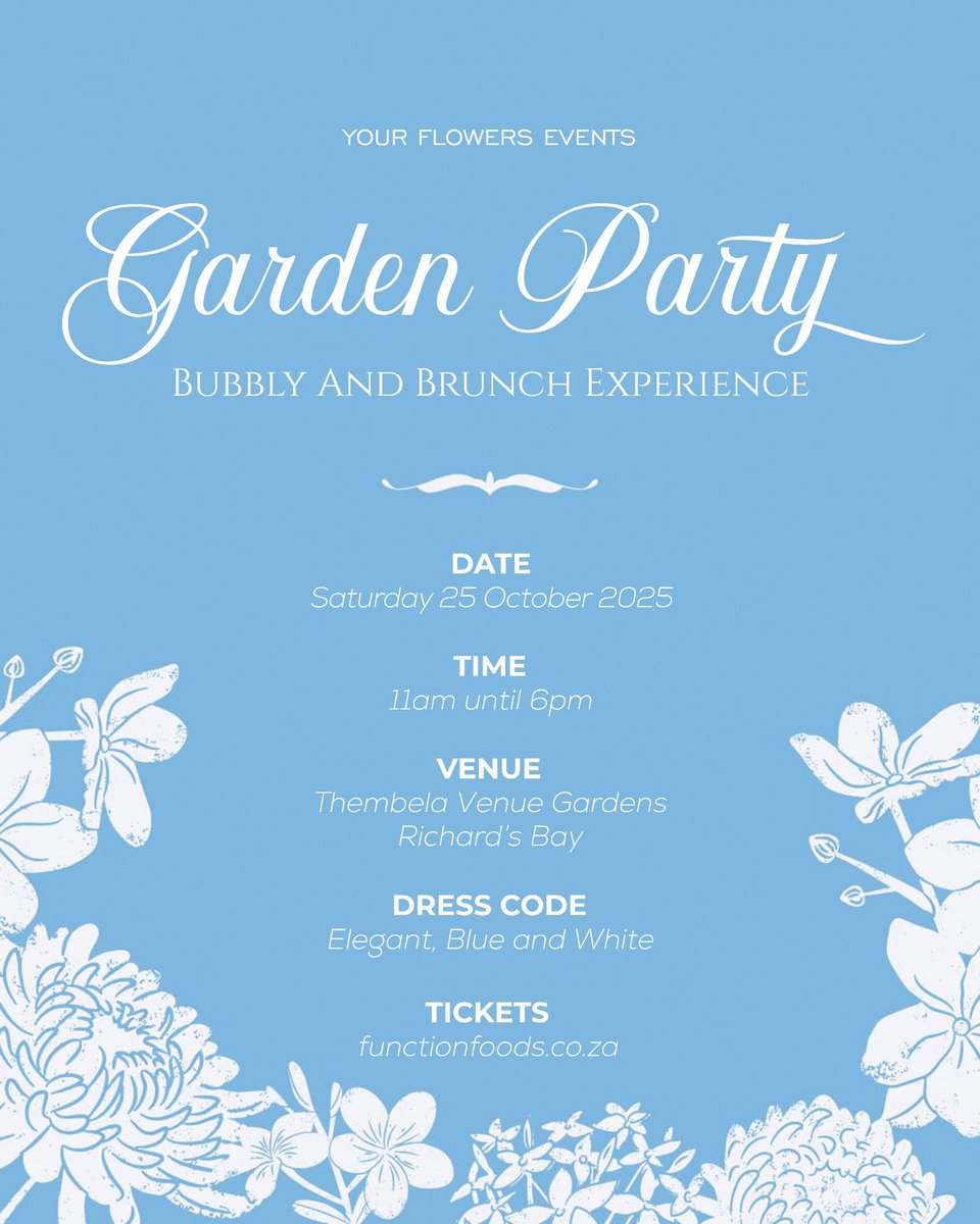 25 October Bubbly and Brunch Experience.

A blue and white Garden Party 🍾🥂💙☁️

Book your tickets functionfoods.co.za/shop-category/…