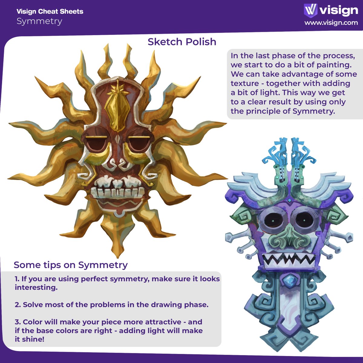 Cool design exercise: try making a tribal mask using symmetry! Strong shapes, smart structure, and a solid color palette will make a great result!
Want to go deeper into design? Start with “Design Foundations I” – one of our most popular courses. Hue Teo covers the 12 principles