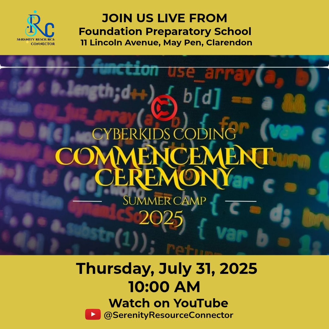 The CyberKids Coding Camp 2025 Commencement goes live this Thursday at 10 a.m. 
Clarendon’s first student-led summer STEM camp is closing strong.
🎥 Tune in: youtube.com/live/SeYW6RQMm…

#CyberKids2025 #STEMJamaica #MayPen #YouthInTech