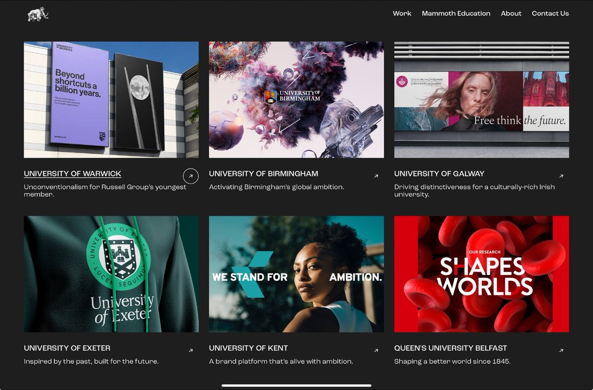 Exeter, Galway, Queen’s, Birmingham, Warwick, Kent, and UKRI’s KTN… 

If anyone wondered where the same obsession with ‘modernising’ the crest, speaking in abstract nouns, and questionable colour schemes for these originated: Mammoth. mammoth.tv/education/