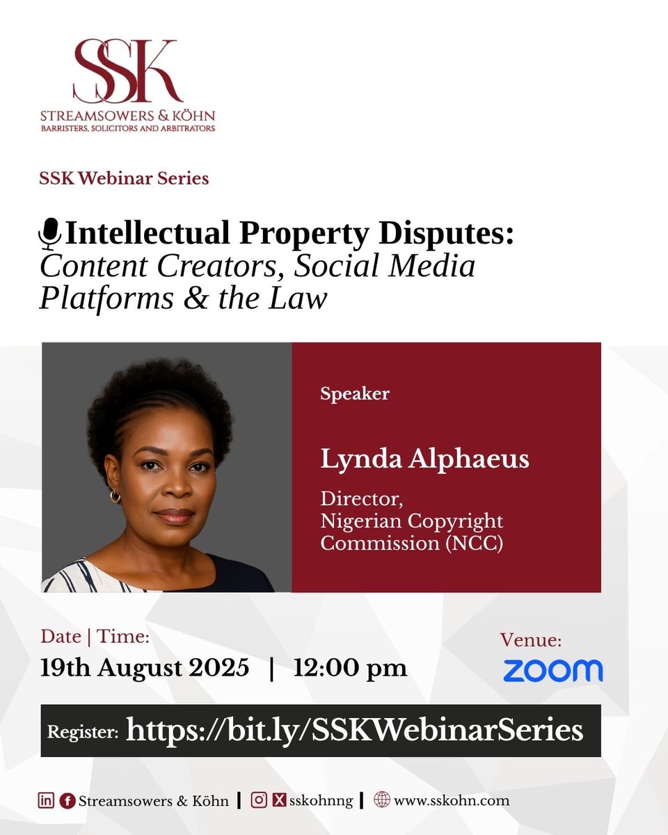 SSKohnNG's tweet photo. From trending dance videos to brand collaborations, but behind every social media post lies a question of legal rights and obligations. 

We are pleased to feature Lynda Alphaeus, a Legal Practitioner and researcher, as a speaker. 

https://t.co/H1kSoE7w5v 

#WeAreSSK https://t.co/PhoUyWG6HT