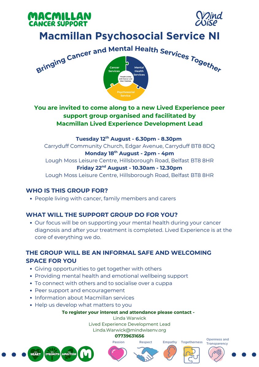 Carryduff Surgery are working in partnership with <a href="/macmillancancer/">Macmillan Cancer Support</a> and <a href="/MindWisenv/">MindWise - NI Mental Health Charity</a>.  These lived experience peer support events are open to ALL, not just Carryduff Surgery patients. Please come along and find out some more information. EVERYONE welcome!