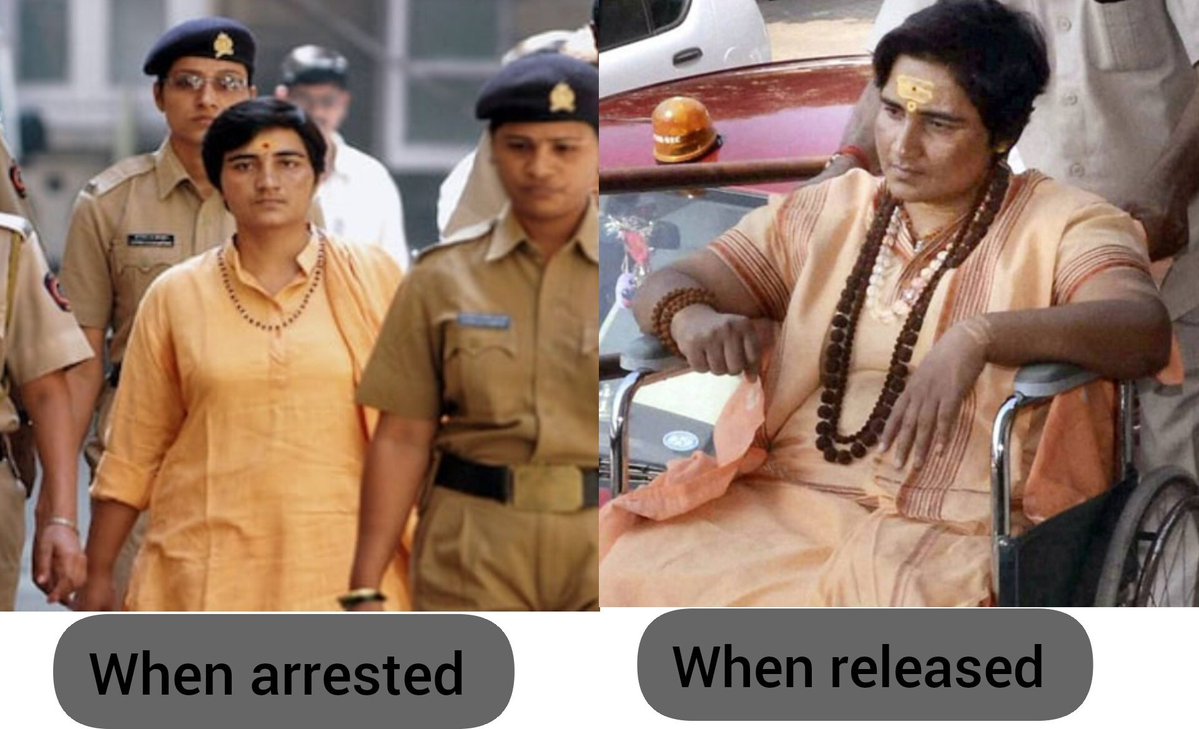 Do you see the difference? 
She was tortured so badly that when she walked out of jail, she couldn't even walk on her own.
Congress arrested her, tortured her, and kept her in jail for years just because she was a Hindu, and they wanted to prove their 'Hindu terror' slogan true.
