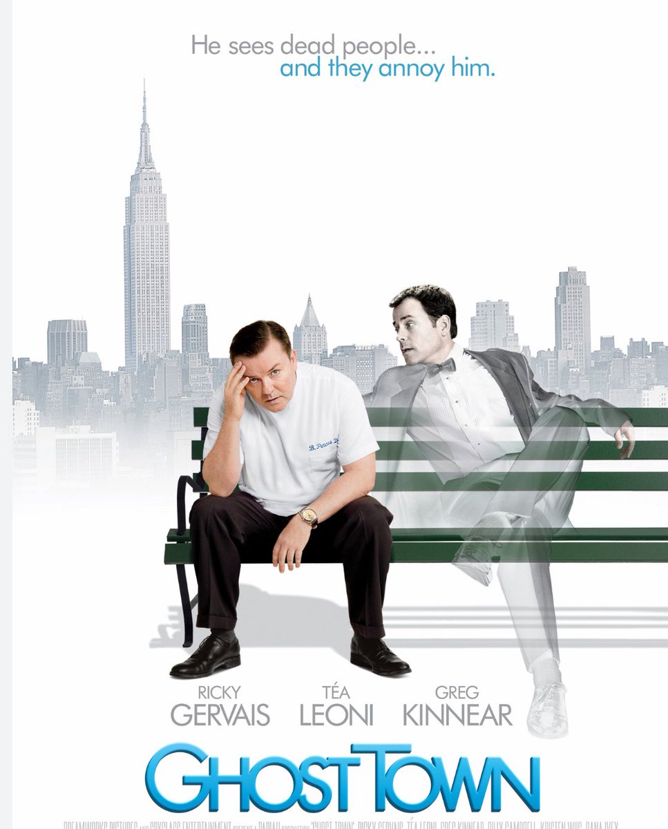 rickygervais's tweet image. Ghost Town was my first lead role in a movie. Can’t believe it’s number 5 on Netflix after all this time.