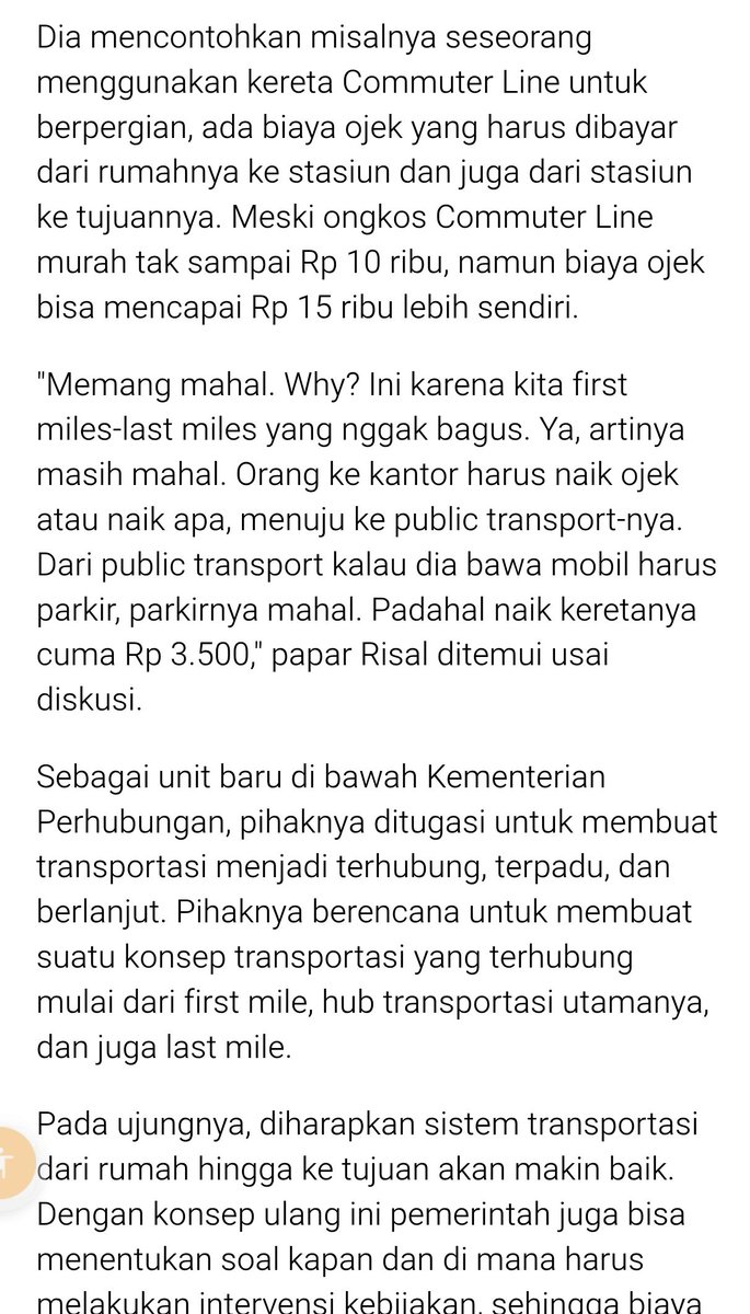Daftar juara besaran ongkos transportasi warga per bulan
- juara 1 Depok 1,9jt
- juara 2 Bekasi 1,8jt
- juara 3 Surabaya 1,62jt
- juara 4 Jakarta 1,59jt
First &amp; last mile msh jd penyakit akut yg ga selesai. Ada gub yg ksh solusi, eh dirusak. Akhirnya, biaya naik ojol &gt; transum