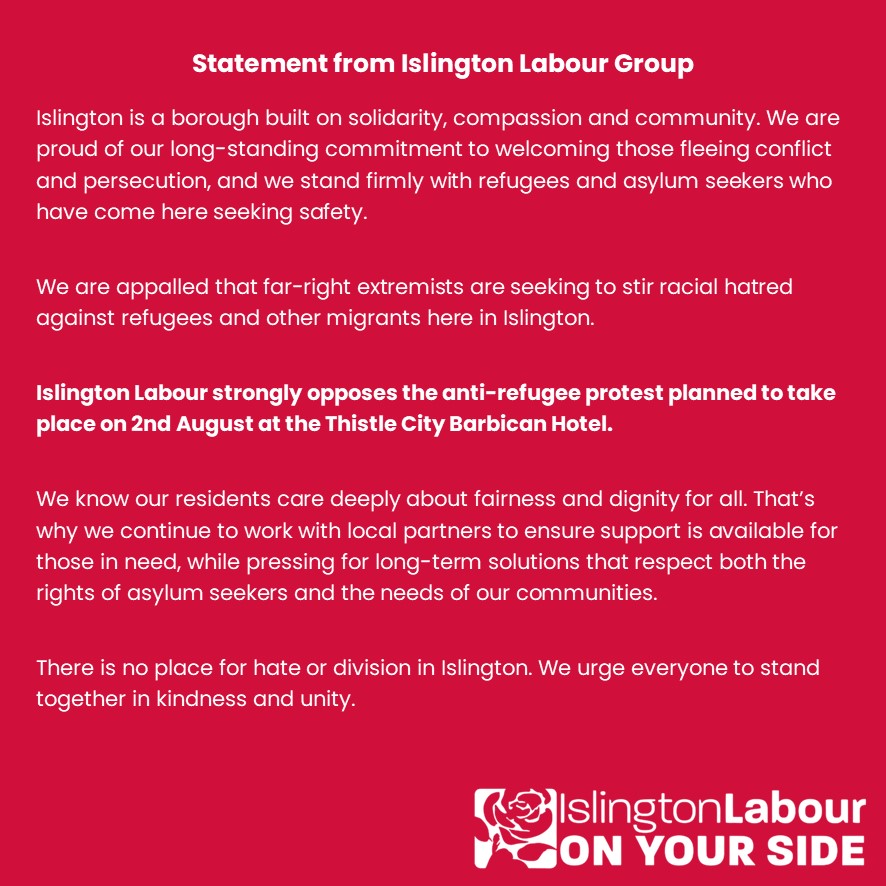 Statement from Islington Labour Group:

#NoPlaceforHate #OnYourSide🌹