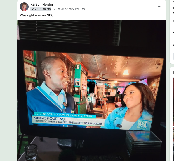 Neir's Tavern will be back on NBC 4 at 11:30am EST. July 31 to promote NYC Restaurant Week. 
Thanks Kerstin Nordin for sharing inside Neir's Tavern private customer community group this photo.

#neirstavern #nycrestaurantweek #nyc #queensnyc #NeirsRoadTo200 #itsinqueens