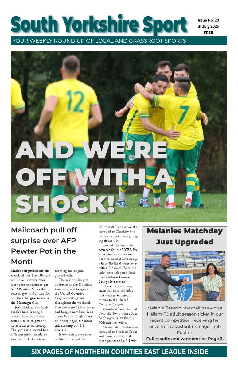 Issue 20 is now live and available FREE to read, download and/or print at southyorkshiresport.co.uk. Our front cover features the new football season &amp; we have a shock already with <a href="/MailcoachFC/">F(C) Mailcoach</a> beat <a href="/AFP_FC/">AFP Pewter Pot FC</a> in <a href="/montagucup/">Montagu Cup</a> plus Melanie,   winner of our <a href="/HallamFC1860/">Hallam FC</a>  season ticket.