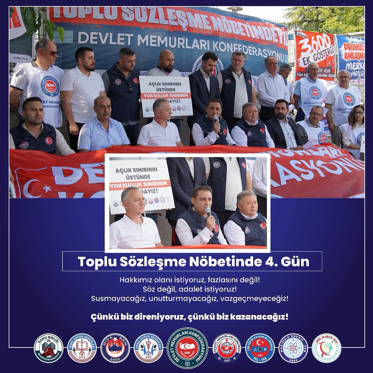 Kamu Birliği Konfederasyonu (@kamubirligikonf) on Twitter photo Toplu Sözleşme Nöbetimiz 4. Gününde!
Hakkımız olanı istiyoruz, fazlasını değil!
Söz değil, adalet istiyoruz!
Susmayacağız, unutturmayacağız, vazgeçmeyeceğiz!
Çünkü biz direnirsek, biz kazanacağız! 💪
<a href="/gencsagliksend/">Genç Sağlık Sendikası</a>
<a href="/tecsen/">TEÇ-SEN - Tüm Eğitim Çalışanları Sendikası</a>
<a href="/DMSendikasi/">Devlet Memurları Sendikası</a>
<a href="/adilhabersen/">Adil Haber-Sen</a>
<a href="/divasengm_/">Divasen Genel Merkezi</a> Toplu Sözleşme Nöbetimiz 4. Gününde!
Hakkımız olanı istiyoruz, fazlasını değil!
Söz değil, adalet istiyoruz!
Susmayacağız, unutturmayacağız, vazgeçmeyeceğiz!
Çünkü biz direnirsek, biz kazanacağız! 💪
<a href="/gencsagliksend/">Genç Sağlık Sendikası</a>
<a href="/tecsen/">TEÇ-SEN - Tüm Eğitim Çalışanları Sendikası</a>
<a href="/DMSendikasi/">Devlet Memurları Sendikası</a>
<a href="/adilhabersen/">Adil Haber-Sen</a>
<a href="/divasengm_/">Divasen Genel Merkezi</a>