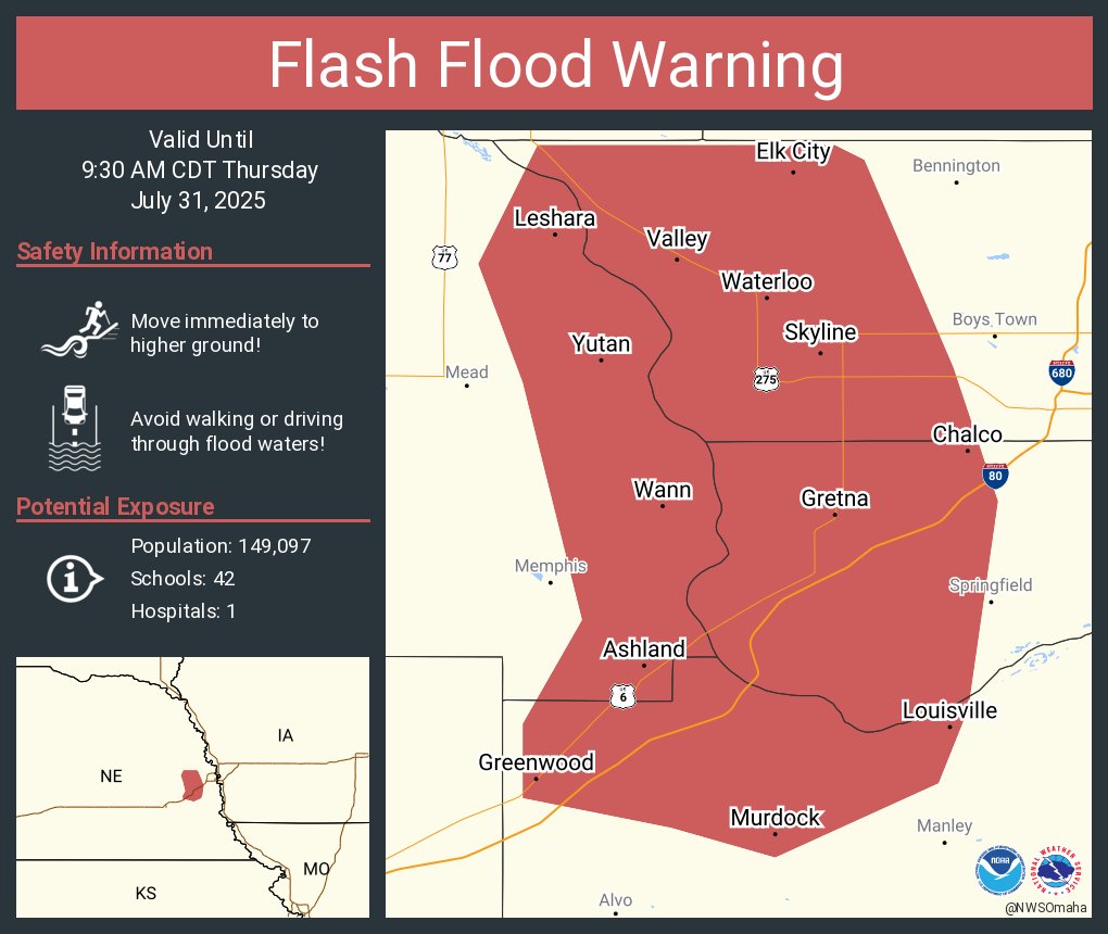 Flash Flood Warning including Chalco NE, Gretna NE and  Ashland NE until 9:30 AM CDT