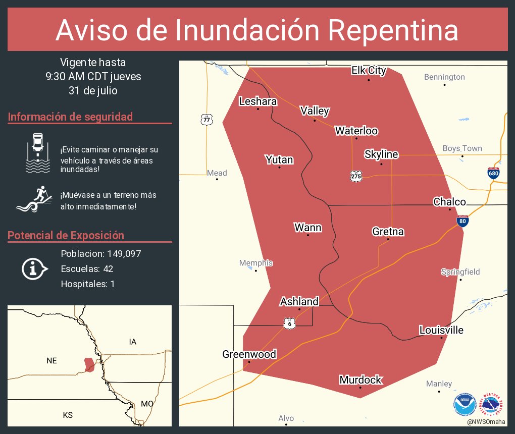 Aviso de Inundación Repentina incluye Chalco NE, Gretna NE, Ashland NE hasta las 9:30 AM CDT