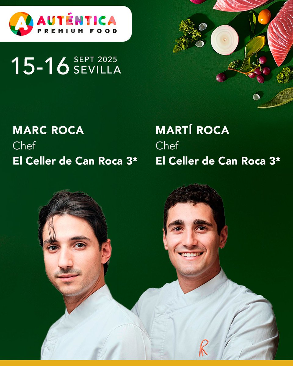 👨‍🍳 Marc y Martí Roca, chefs de
<a href="/cellercanroca_/">Celler de Can Roca</a> (3📷), hablarán en #AUTENTICA2025 sobre compromiso y sostenibilidad en la gastronomía.  

💬 “Alta cocina, alto compromiso. Nutriendo conciencias”

🎟️ Entradas: autenticapremium.com/visitar/ticket… 

#MarcRoca #MartíRoca