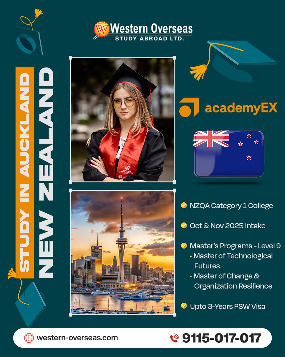 westernoverseaa's tweet image. 📢 Planning to study abroad? 🇳🇿
Choose Auckland, New Zealand for your Master’s degree 🎓
Intakes open for Oct &amp;amp; Nov 2025| Get up to 3 years PSW. 

Apply now with Western Overseas:
📞: 9115017017

#StudyInNZ #AucklandMasters #WesternOverseas #2025IntakeStudyAbroad #NewZealand