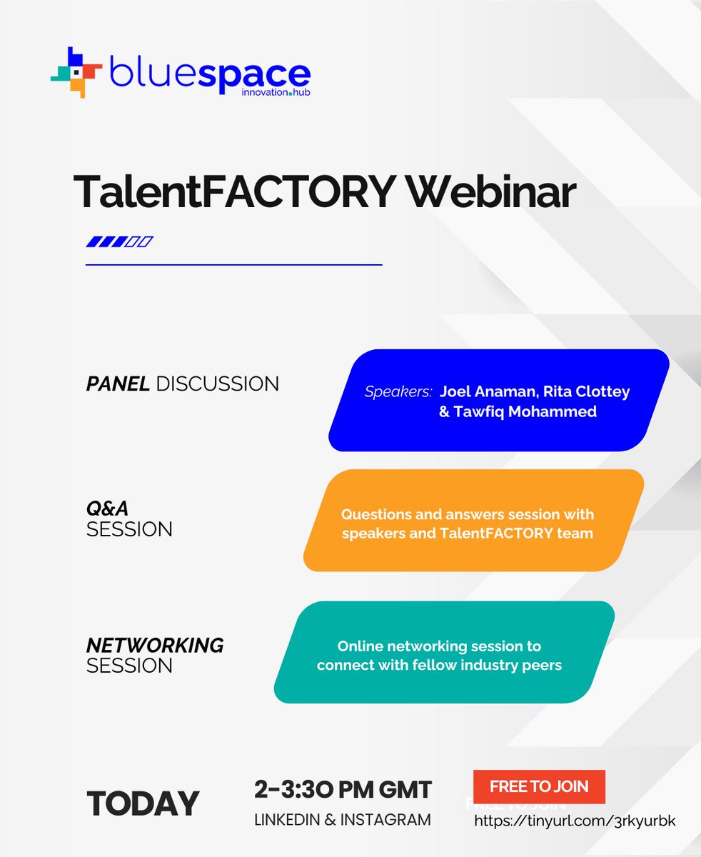 BlueSPACE_hubs's tweet image. Happening in a few hours!

Join us for our TalentFACTORY webinar today on LinkedIn &amp;amp; Instagram Live.

⌚️2:00 - 3:30 PM GMT

Don&apos;t miss our panel discussion with Joel Anaman, Rita Clottey and Tawfiq Mohammed.

Become career-ready in 2025!

🔗 tinyurl.com/3rkyurbk