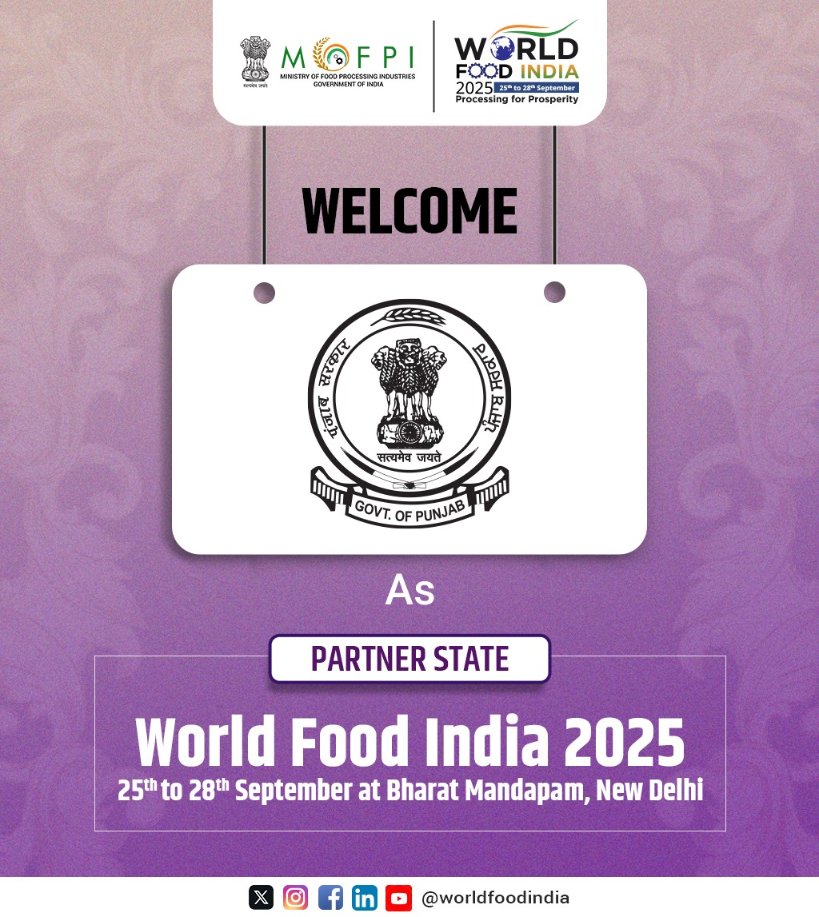 World Food India (@worldfoodindia) on Twitter photo We are proud to welcome Punjab(<a href="/PbGovtIndia/">Government of Punjab</a>) as a Partner State for #WorldFoodIndia2025.
Known for its rich agricultural heritage and dynamic food processing ecosystem, Punjab’s participation adds immense value to the global dialogue on food and agri-business.
Join us at Bharat We are proud to welcome Punjab(<a href="/PbGovtIndia/">Government of Punjab</a>) as a Partner State for #WorldFoodIndia2025.
Known for its rich agricultural heritage and dynamic food processing ecosystem, Punjab’s participation adds immense value to the global dialogue on food and agri-business.
Join us at Bharat