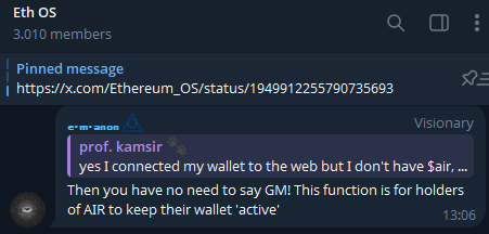 ZackTheBuilder0's tweet photo. There are a lot of missconception on @Ethereum_OS GM's Button and waste gas fees.

You guys ONLY click the GM Button when you have $AIR to be claimed otherwise you dont need to click the button. https://t.co/3bfqnsZoES