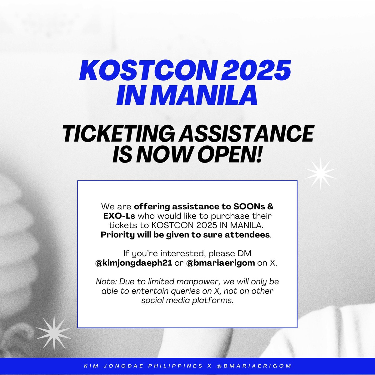 Excited for KOSTCON Manila this August 6 but still need an extra hand?

We got you! Enjoy best available seats with us, no need to miss out on seeing #CHEN live! 

In collaboration with <a href="/bmariaerigom/">BEATI ♡ 엑소</a> and <a href="/kimjongdaeph21/">Kim Jongdae Philippines #DOOR</a>, we’re making it easier for you to be part of this

[1/2]