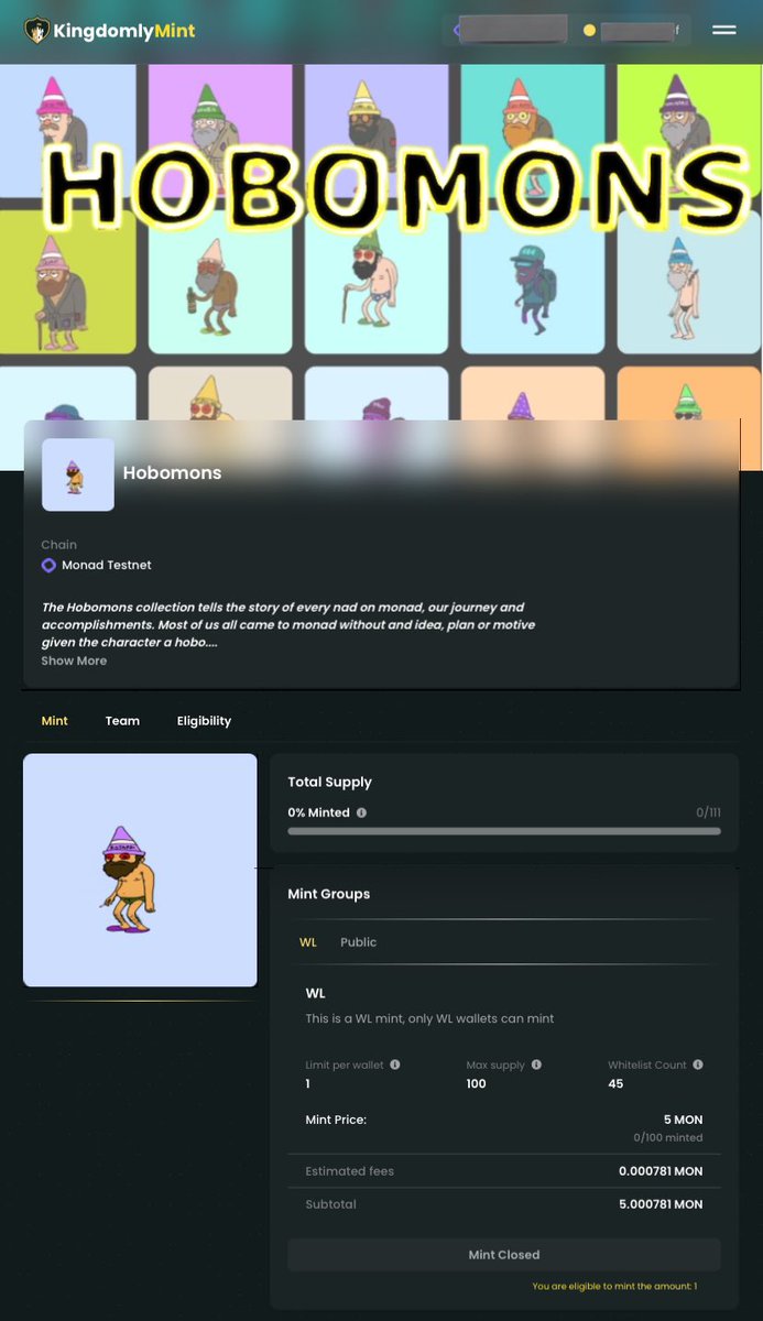 0x_valid's tweet image. Ghobo!
The 111 hobomons collection mint on @monad kicks off tomorrow 1 Aug 2025

Mint details:
Mint pad: @KingdomlyApp 
Mint price: 5mon for WL, 20mon public
Mint groups: WL (100), public 11
Time: 12pm UTC 
Link to mint and check WL below. (Still adding wallets in). Still not WL?