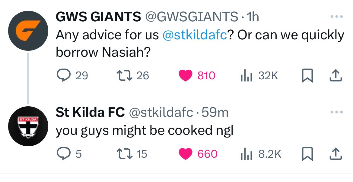 Quality banter 🤣🤣 <a href="/GWSGIANTS/">GWS GIANTS</a> <a href="/stkildafc/">St Kilda FC</a>