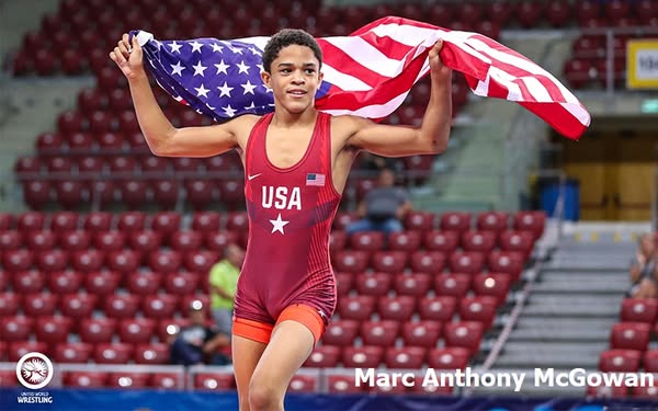 On July 31, 2019 in freestyle at the Cadet World Championships in Sofia, Bulgaria, USA Wrestling’s Marc-Anthony McGowan wins a gold medal and Alex Facundo wins a bronze medal.
