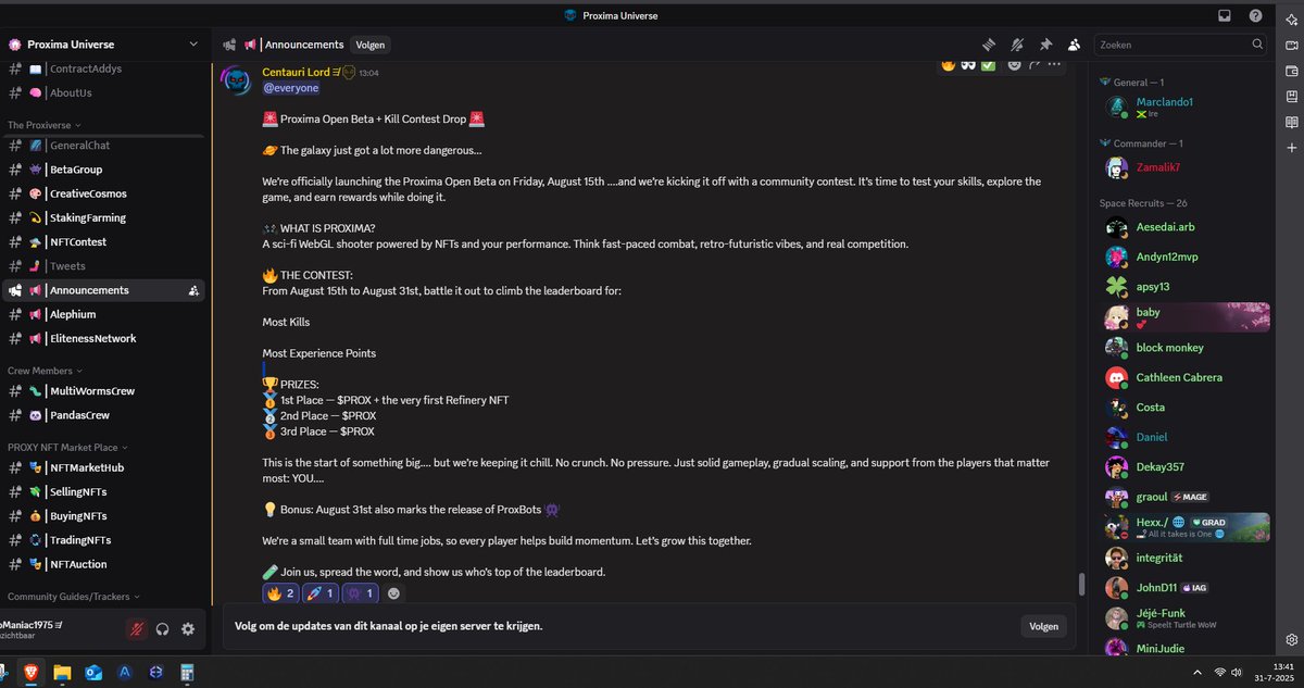 Marco van der Leden (@comaniac1975) on Twitter photo It's finally happening everyone the word is out on Proxima Discord! <a href="/ProximaUniverse/">Proxima Universe</a> is going to launch the open Beta game! π€―
August 15th, and they are kicking it off with a community contest! Itβs time to test your skills, explore the game, and earn rewards while doing it!ππ It's finally happening everyone the word is out on Proxima Discord! <a href="/ProximaUniverse/">Proxima Universe</a> is going to launch the open Beta game! π€―
August 15th, and they are kicking it off with a community contest! Itβs time to test your skills, explore the game, and earn rewards while doing it!ππ