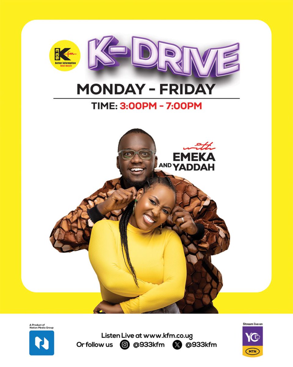 Afternoon Drive Time! 🚗 Get ready for #happyhour vibes with@Yaddah_411
 &amp; <a href="/emeka_ug/">The Romantic Mukiga</a> on #KDrive, 3-7pm on <a href="/933kfm/">933 KFM</a>!

What music would you love to listen to this afternoon??

#throwbackthursday
Follow WhatsApp channel ;whatsapp.com/channel/0029Va…