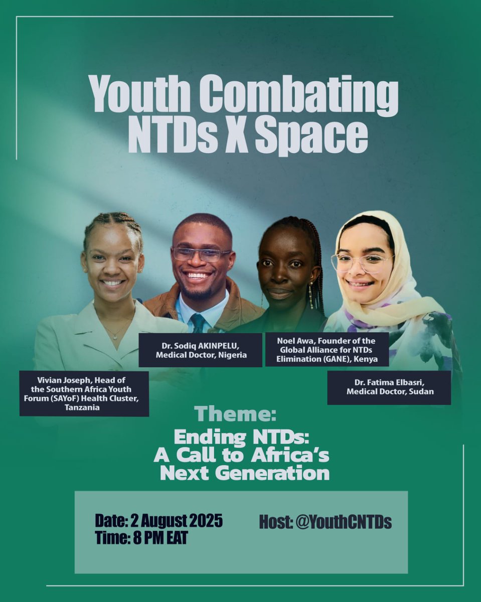 Global Alliance For NTDs Elimination (GANE) (@ganekenya) on Twitter photo We're excited to share that our Founder <a href="/awa_noela/">Noelle Awa</a> will be a panelist at the upcoming <a href="/YouthCNTDs/">Youth Combating NTDs</a> X Space 🎙️
This conversation will spotlight youth voices driving the #NTDs response across Africa.
We invite you to tune in, connect & contribute: lnkd.in/dyaFECMT
#EndNTDs We're excited to share that our Founder <a href="/awa_noela/">Noelle Awa</a> will be a panelist at the upcoming <a href="/YouthCNTDs/">Youth Combating NTDs</a> X Space 🎙️
This conversation will spotlight youth voices driving the #NTDs response across Africa.
We invite you to tune in, connect & contribute: lnkd.in/dyaFECMT
#EndNTDs
