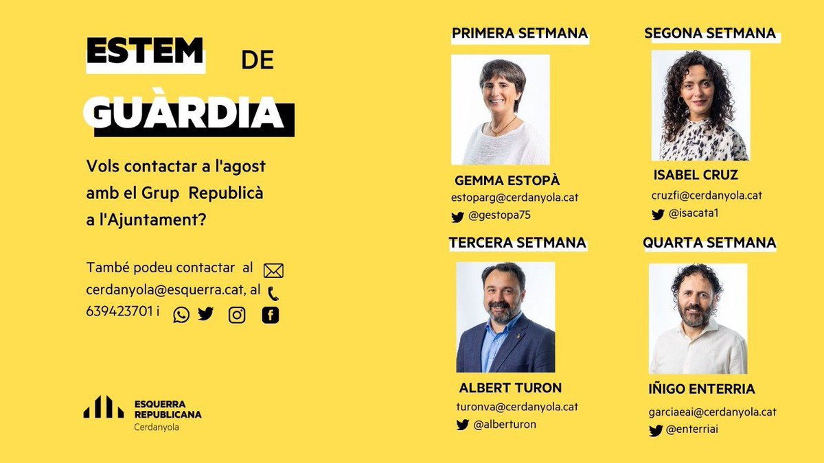 📢 A l’agost els regidors i regidores d’Esquerra #Cerdanyola seguim al teu servei. Si ens necessiteu ens trobareu per:
📩 correu electrònic
✖️ missatge directe a les xarxes socials 
☎️ al telèfon d'ERC 639423701

Gaudiu de l'estiu!