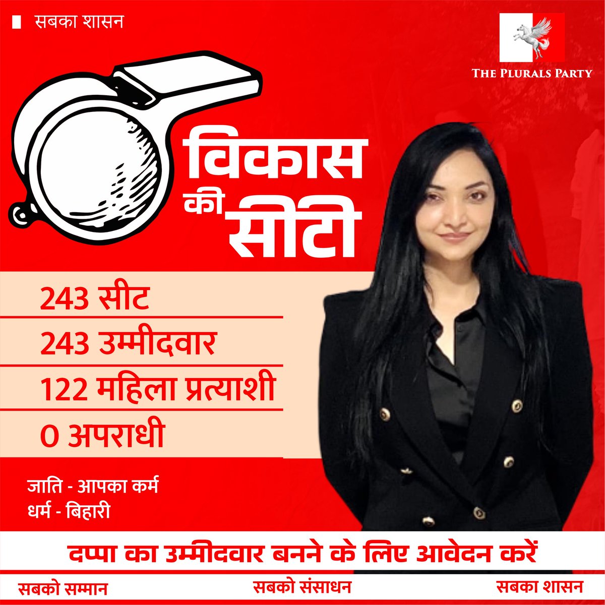 द प्लुरल्स पार्टी बिहार की सभी 243 सीटों पर पुष्पम प्रिया चौधरी जी के नेतृत्व में सीटी सिम्बल पर चुनाव लड़ेगी। वर्ष 2020 की भांति उम्मीदवार बनने की कठिन प्रक्रिया होगी। उम्मीदवारी फॉर्म भरना और कठिन साक्षात्कार से गुज़रना। अगर आप शिक्षित हैं, अपराधी नहीं हैं और विकसित बिहार के