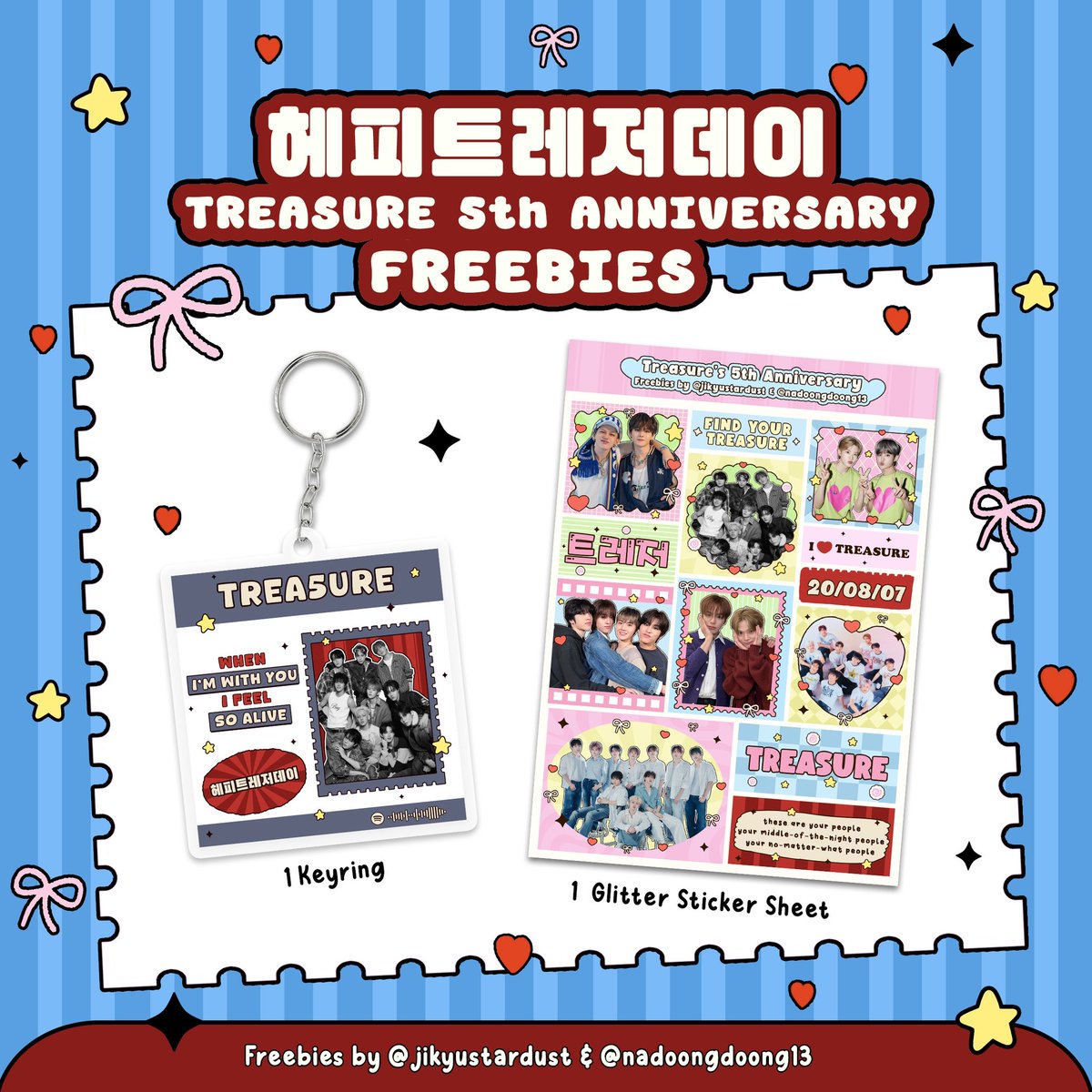 ★헤피트레저데이★
#TREASURE's 5th anniversary freebies
by <a href="/jikyustardust/">☆rcl</a> &amp; <a href="/nadoongdoong13/">ଘ(੭*ˊᵕˋ)੭* ੈ♡‧₊˚</a>

— how to claim
💌 rt and like
💌 please read the tnc below

— claim period
💌 by gform on 06/08/2025 [7 PM]

drop ur @ if u're interested ♡