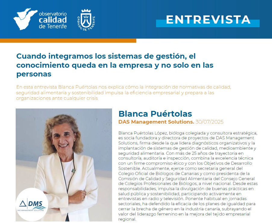 💡 "Cuando integramos los sistemas de gestión, el conocimiento queda en la empresa y no solo en las personas". 

🗣️Blanca Puértolas de DMS nos cuenta cómo la integración empresarial transforma organizaciones.

📖 Lee la entrevista completa en: calidadtenerife.org/?q=node/57715

#Entrevista