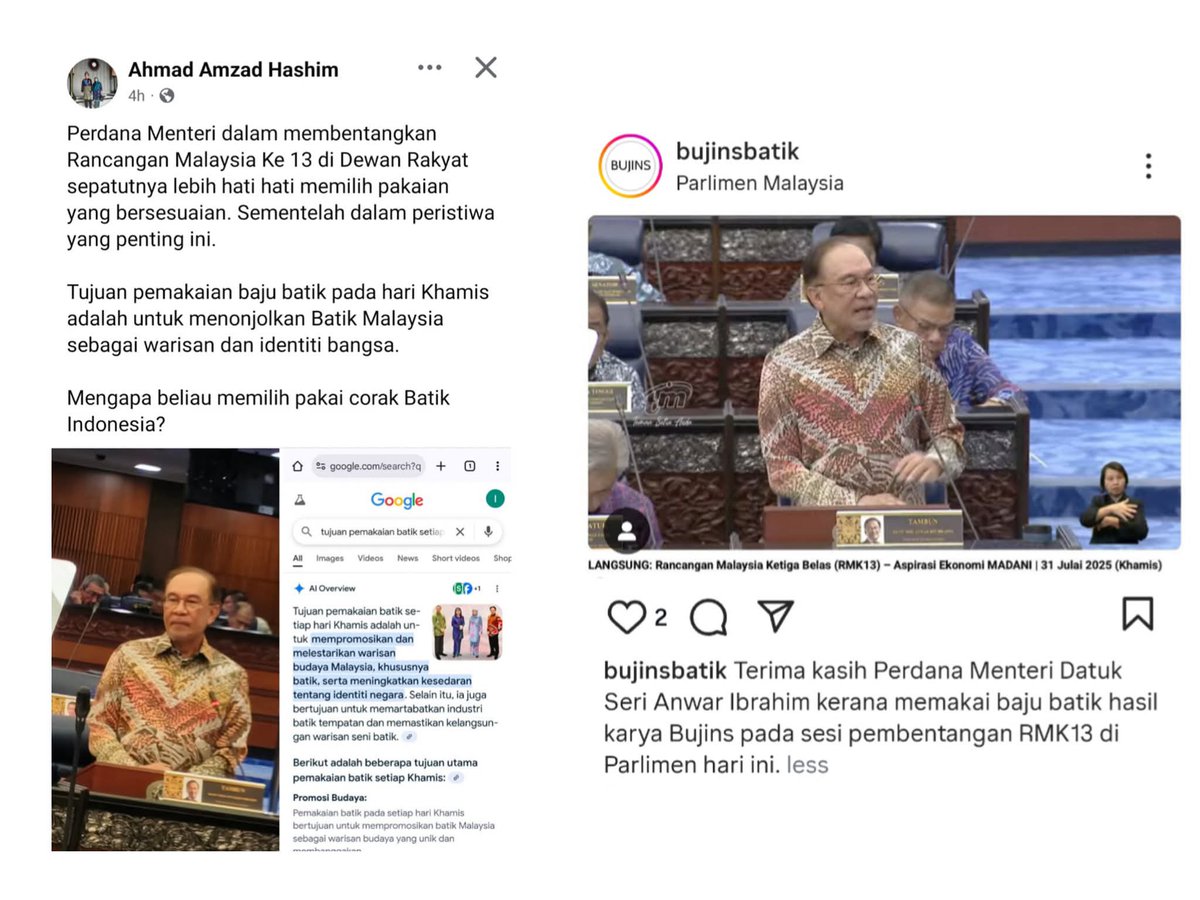 MP Kuala Terengganu serang PMX kononnya pakai batik Indonesia. Sekali, ianya brand batik tempatan yang pernah menang anugerah.

PAS bila tiada idea nak bawa, batik pun dia jadikan isu. Tapi itupun gagal.