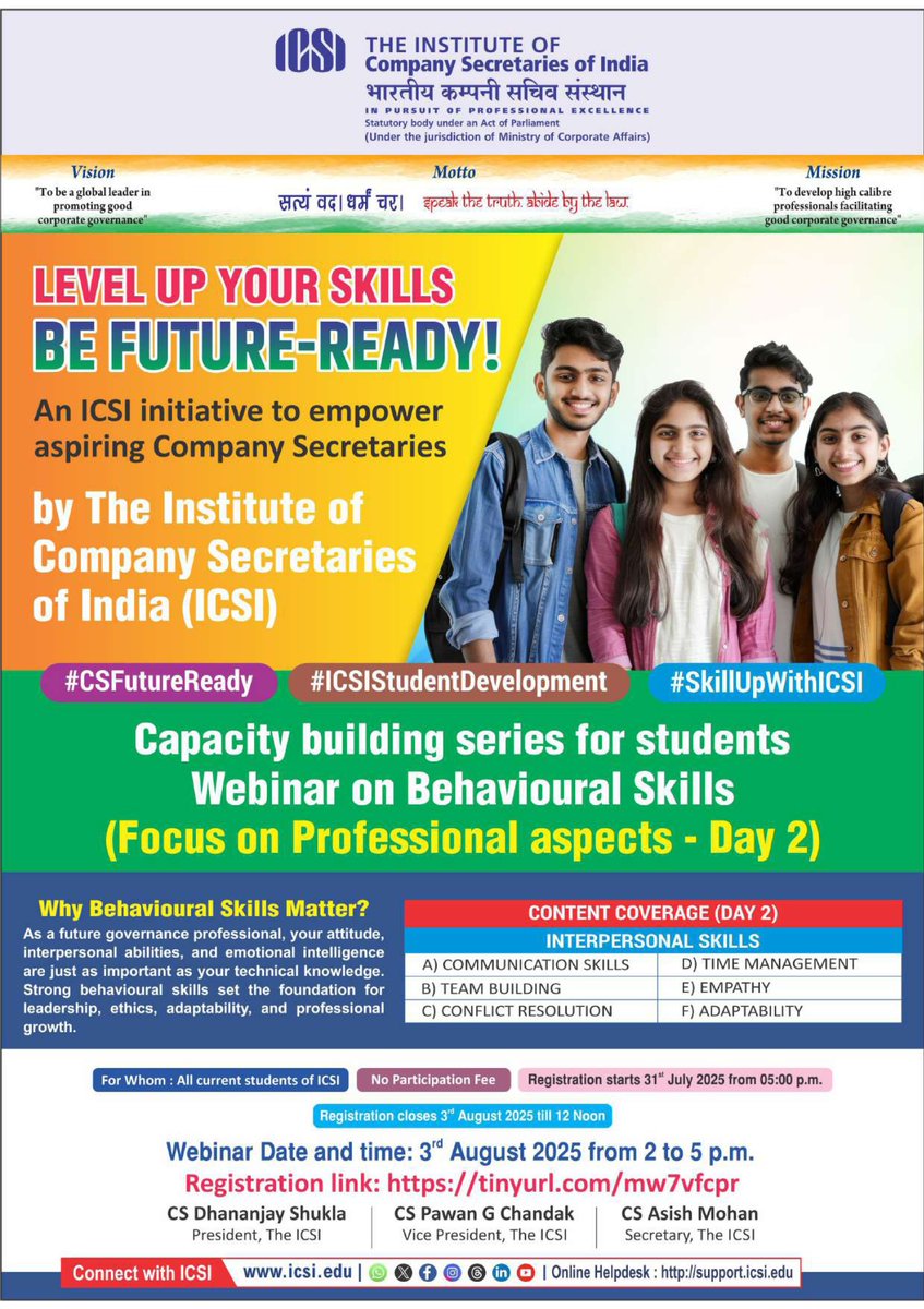 icsi_cs's tweet image. Registrations Open for Live Webinar on 3 August 2025 on #Behavioural Skills (Session 2) for #CS Students. Register @ tinyurl.com/mw7vfcpr