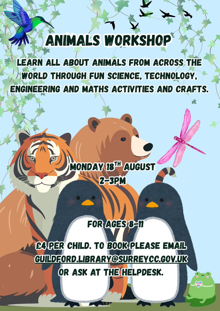 Come along to our Animals Workshop on Monday 18th of August!!
2-3pm
Ages 8-11
£4 per child.