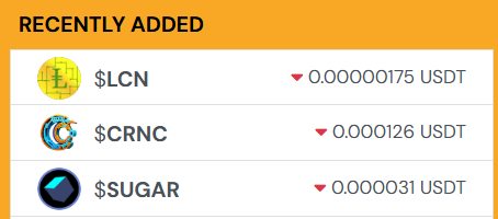 New community listings

trade.nestex.one/spot/lcn
trade.nestex.one/spot/crnc
trade.nestex.one/spot/sugar

Note: These projects don't currently maintain an LP with us, so trading is order-book based and may have slippage. If this changes in future another announcement will be made.
