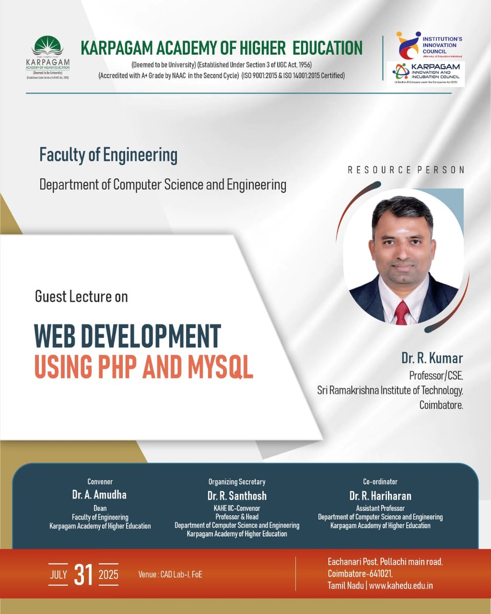 wekaheians's tweet image. The lecture aims to enhance students’ understanding of dynamic web application development through practical insights into PHP scripting and MySQL database integration. Join us for an engaging session.
#WebDevelopment #PHPMySQL #DynamicWebApps #CSEEvents #KAHEEvents