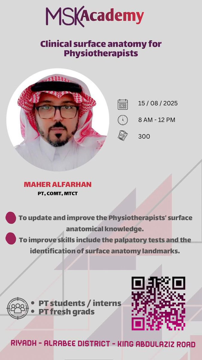 انضم إلى محاضرات أكاديمية مسك
💡موعدنا في أغسطس مع نخبة من المتخصصين:
•  الأخصائي سلطان ال مفلح <a href="/SultanAlMefleh/">Sultan Al Mefleh | سلطان آل مفلح</a> 
•  الأخصائي ماهر فرحان <a href="/MaherPT/">ماهر الفرحان</a> 

 للتسجيل والاستفسار!
linktr.ee/mskcaresa1

#أكاديمية_مسك #العلاج_الطبيعي #جيل_واعد