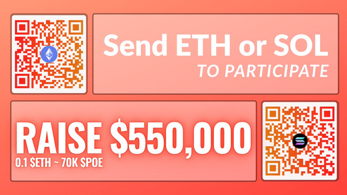 🚀 $POE IDO is Now Live

🌕 How to Participate:
Send ETH or SOL to the wallet addresses below to secure your $POE allocation:

Ethereum: 0x7EbbB29062F6577fbF829282c0b9E554c17c2423

Solana: 9WBgR134cfJLsSc7mGgqfKPDyPBYuFLvxYuNsPRDBUYA

💸 IDO Details:

- IDO Price: $0.0055 per